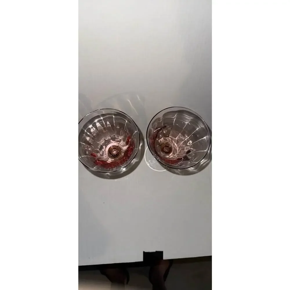 Vintage Pink Optic Fluted Wine Glasses Gold Ball Sphere Stem MCM